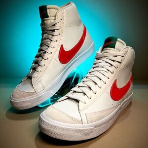 Size 7Y￼ (GS) - Nike Blazer Mid 77 White Habanero Red Medium Blue